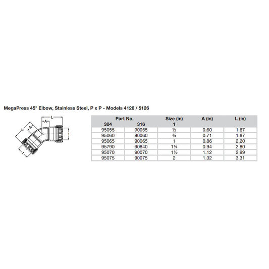 Viega MegaPress 112 45 Stainless Steel 304 Elbow Double Press Connection Smart Connect Technology 95070