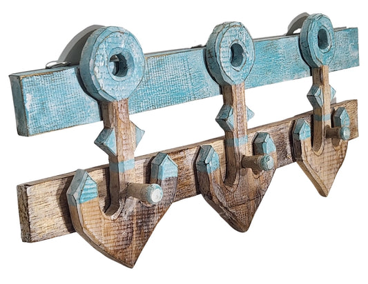 Wooden wall hook with blue accents on a white background