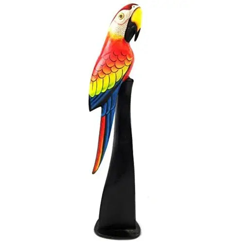 Colorful parrot figurine on a black stand against a white background