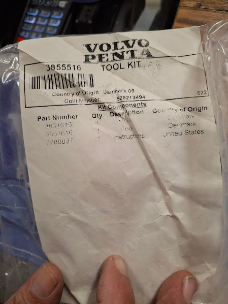 Volvo Penta tool kit packaging with label and barcode on a clear plastic bag.