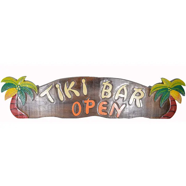Decorative sign with 'Tiki Bar Open' text and palm tree designs on a white background