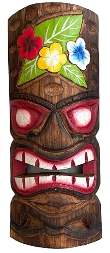 Wooden tiki mask with floral designs on a white background
