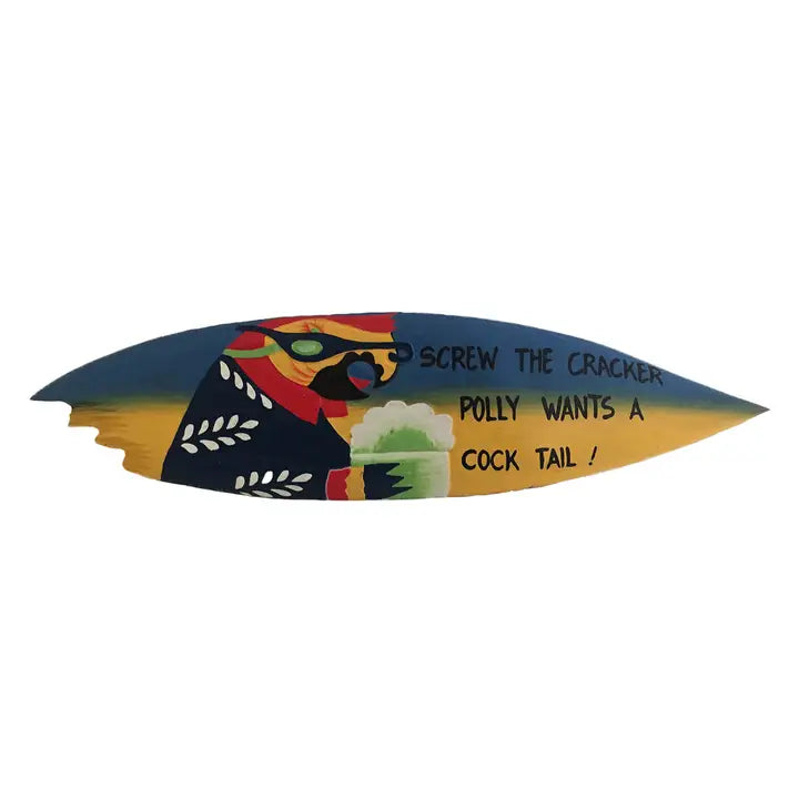 Decorative surfboard with colorful design and text on a white background