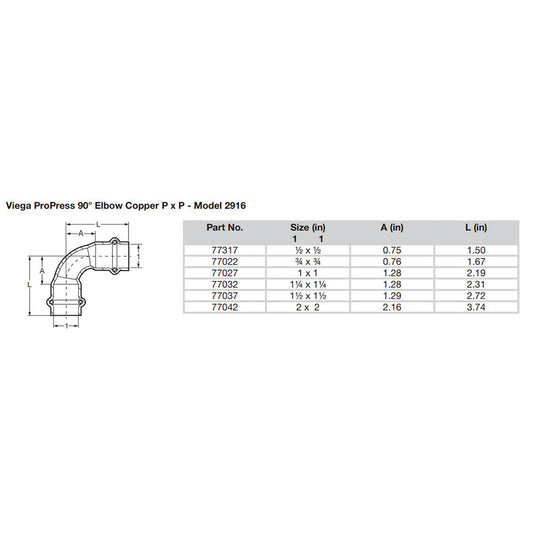Viega ProPress 2 90 Copper Elbow Double Press Connection Smart Connect Technology 77042