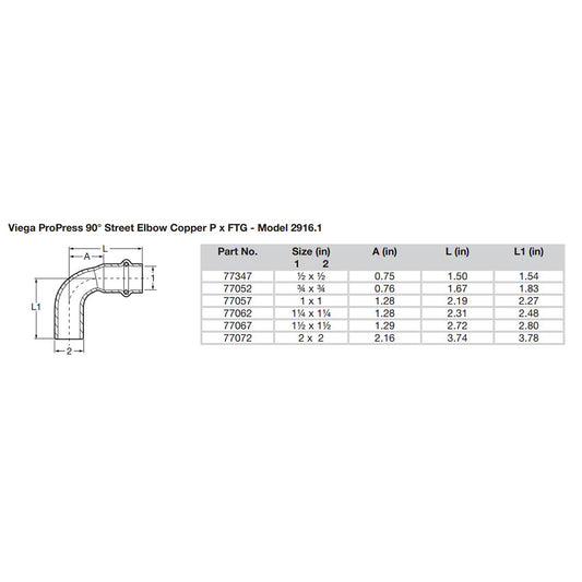 Viega Propress 12  90 Copper Elbow  StreetPress Connection  Smart Connect Technology 77347