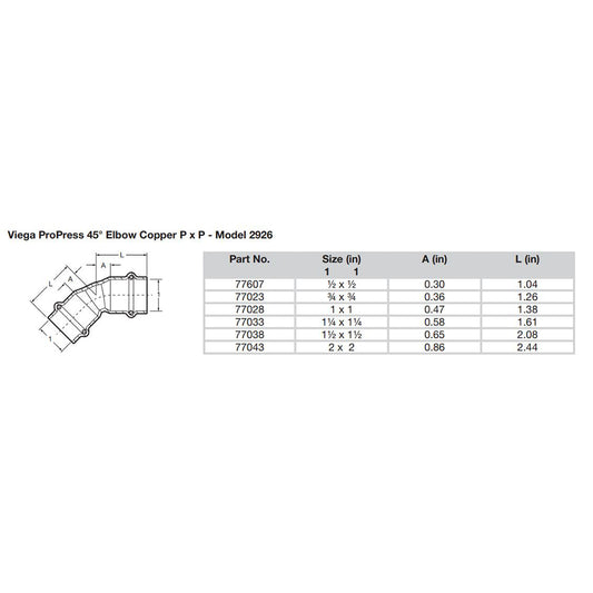Viega ProPress 112  45 Copper Elbow  Double Press Connection  Smart Connect Technology 77038