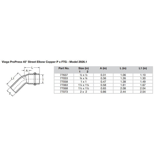 Viega ProPress 114  45 Copper Elbow  StreetPress Connection  Smart Connect Technology 77063