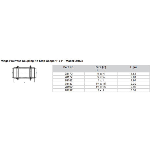 Viega ProPress 112 Copper Coupling wo Stop  Double Press Connection  Smart Connect Technology 78192