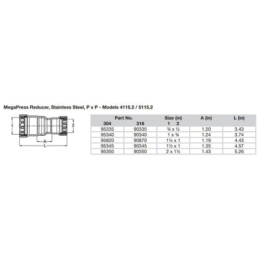 Viega MegaPress 1 x 34 Stainless Steel 304 Reducer  Double Press Connection  Smart Connect Technology 95340