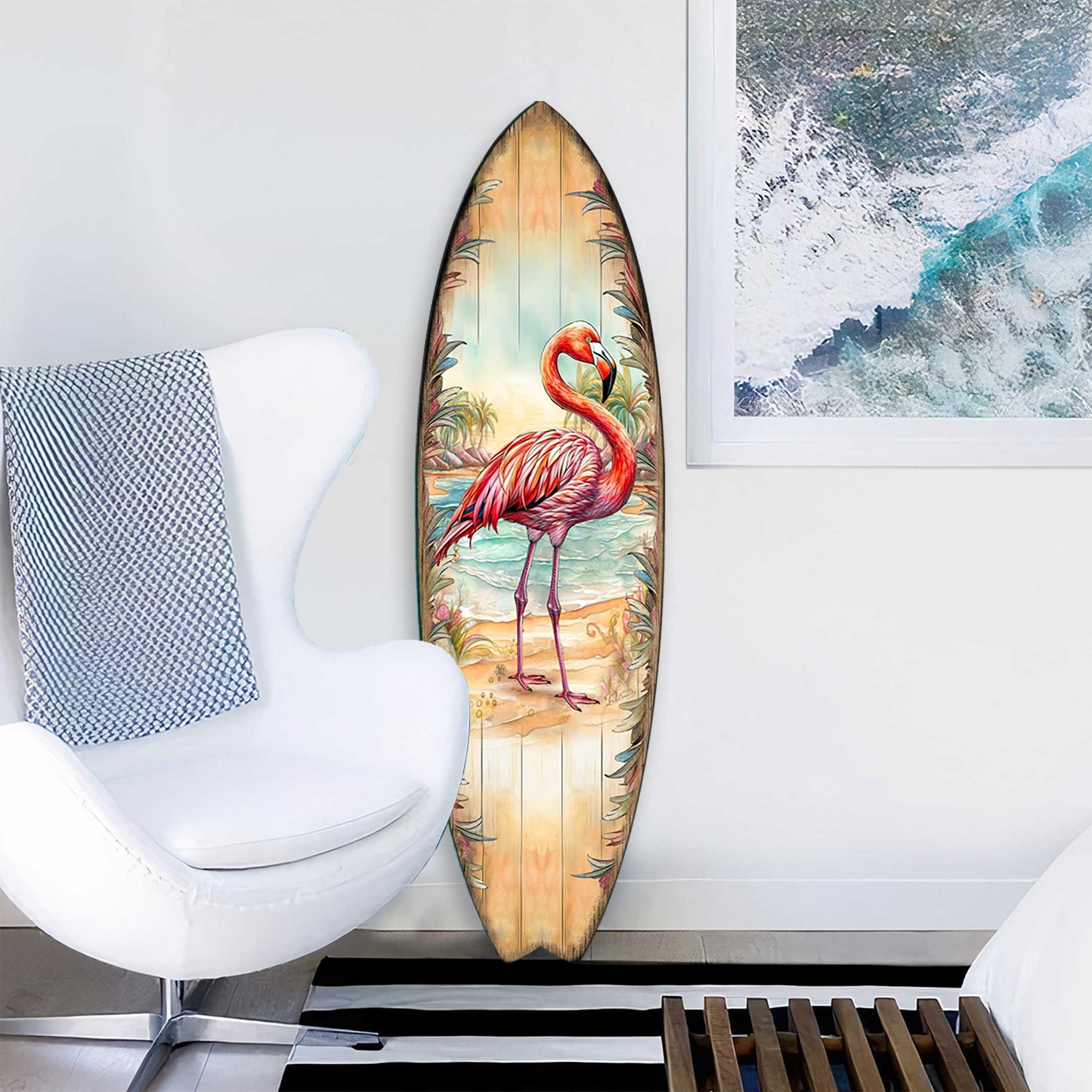 Pink Flamingo Surfboard Wall Art by G. DeBrekht – Handcrafted Tropical Coastal Wall Décor – 8490146HS