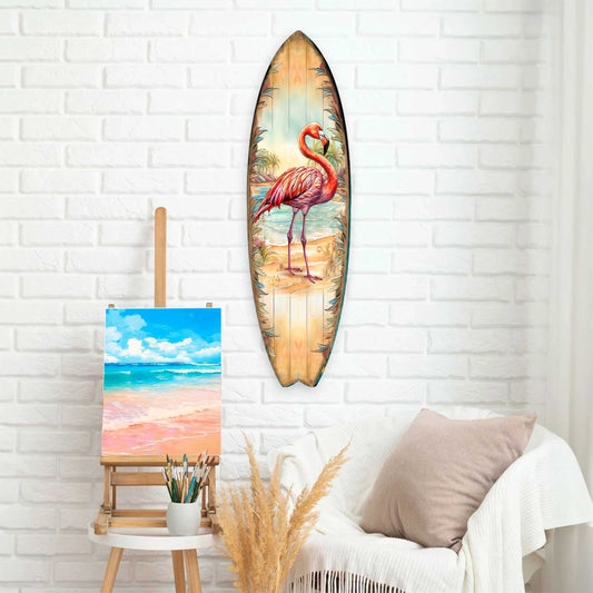 Pink Flamingo Surfboard Wall Art by G. DeBrekht – Handcrafted Tropical Coastal Wall Décor – 8490146HS