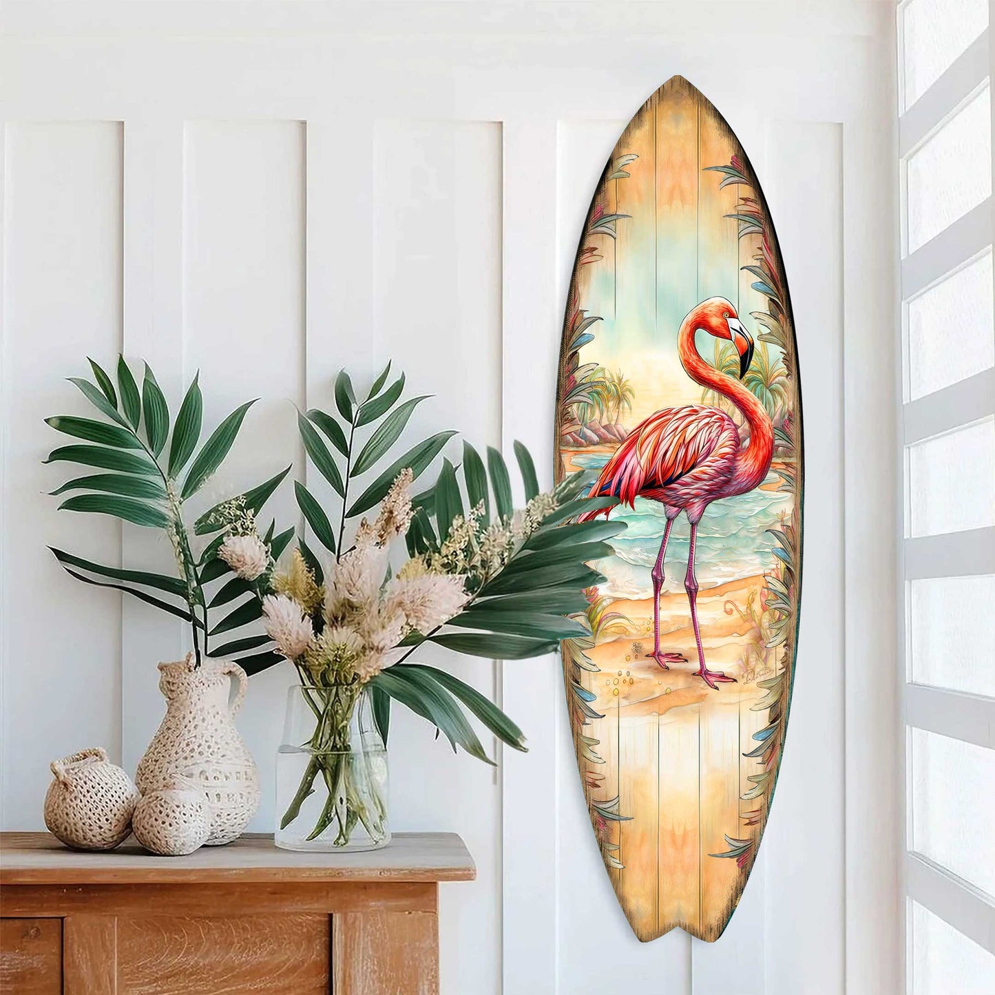 Pink Flamingo Surfboard Wall Art by G. DeBrekht – Handcrafted Tropical Coastal Wall Décor – 8490146HS