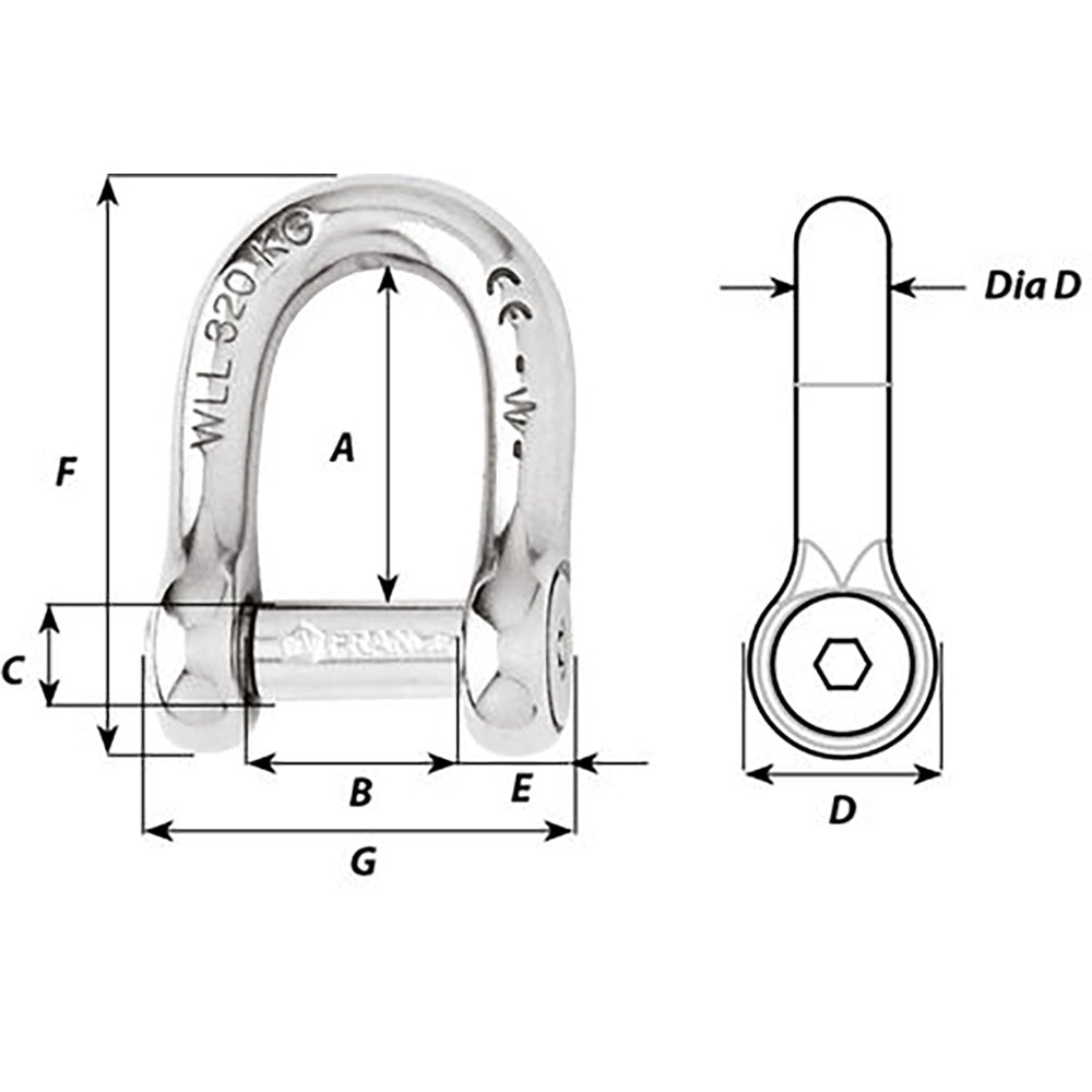 Wichard SelfLocking Allen Head Pin D Shackle  8mm Diameter  516 01304
