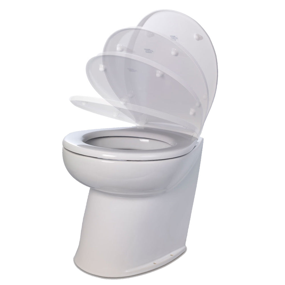 Jabsco Deluxe Flush 14 Angled Back 12V Freshwater Electric Marine Toilet wSolenoid Valve  Soft Close Lid 580603012