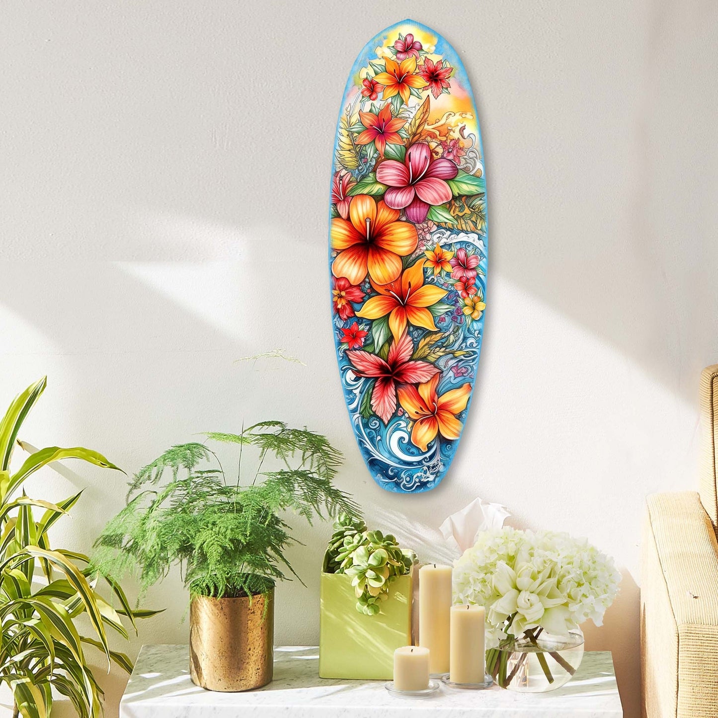 Tropical Flowers Surfboard Coastal Wall Art by G. DeBrekht - Coastal Holiday Decor - 8490113HS-0