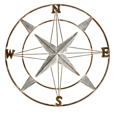 Decorative compass wall art with gold and silver accents on a white background