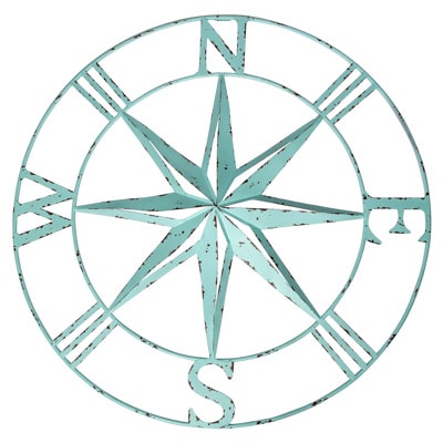 Decorative compass wall art in teal color on a white background