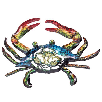 Colorful metal crab sculpture on a white background