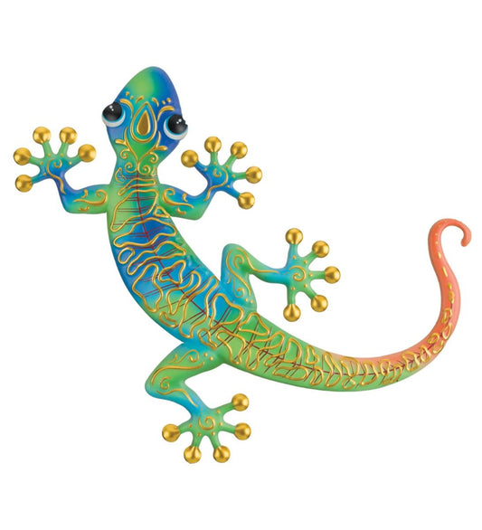 Colorful gecko-shaped wall art on a white background
