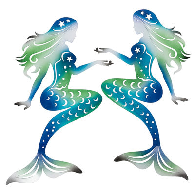 Two mermaid figures with blue and green tails on a white background