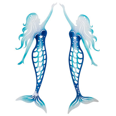 Two blue mermaids holding hands on a white background