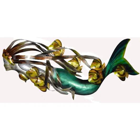 Decorative metal wall art with a mermaid design on a white background