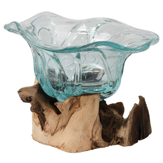 Glass bowl on a wooden base with a white background