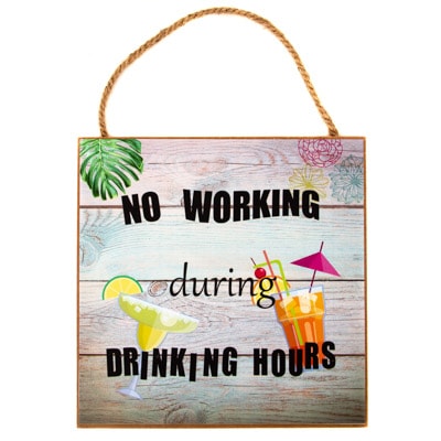 Wooden sign with tropical-themed text and graphics on a white background