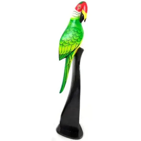 Colorful parrot figurine on a black stand against a white background