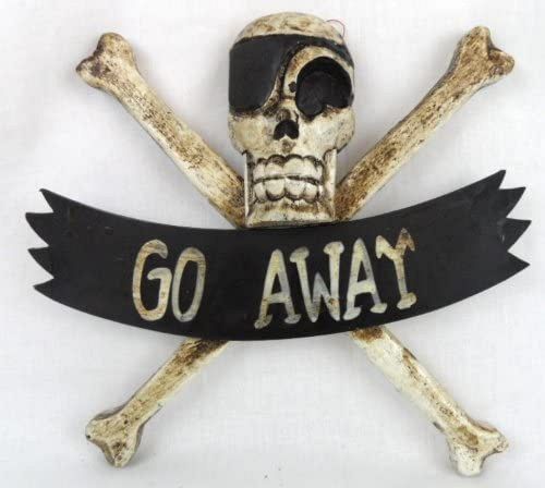 Skull with crossed bones and 'GO AWAY' banner on a white background