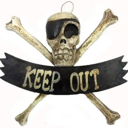 Skull and crossbones with 'KEEP OUT' banner on a white background