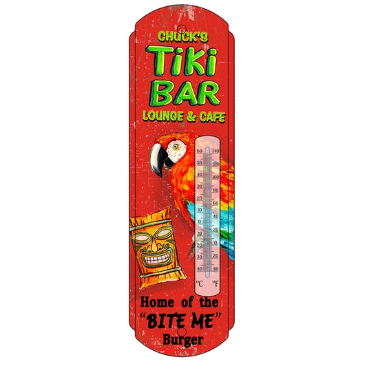 Tiki-themed thermometer with parrot and tiki mask design on a red background