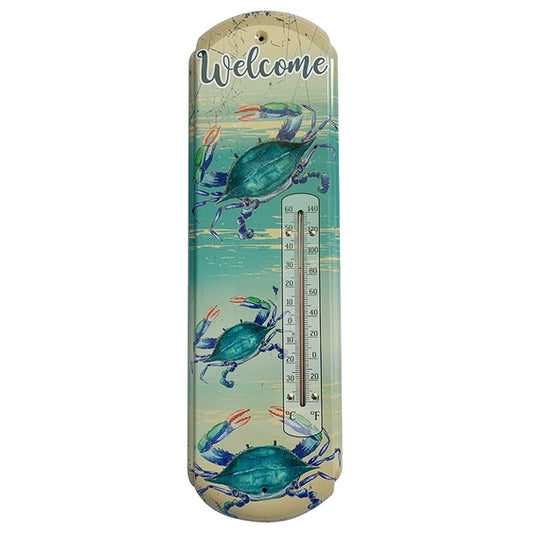 Decorative thermometer with blue crab design and 'Welcome' text on a white background