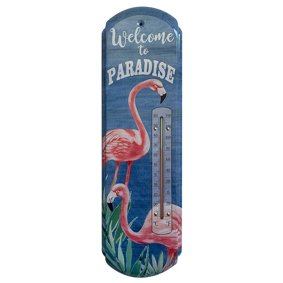 Decorative thermometer with flamingo design and 'Welcome to Paradise' text on a blue background.