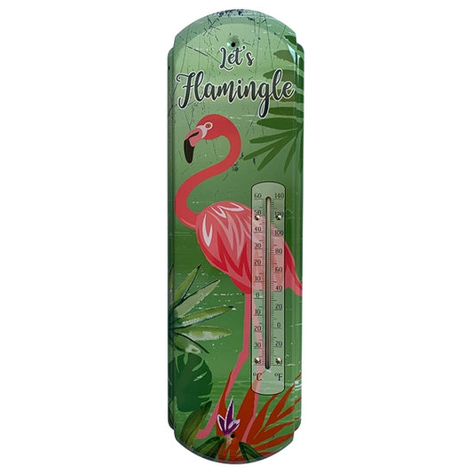 Decorative thermometer with flamingo design and 'Let's Flamingle' text on a green background.