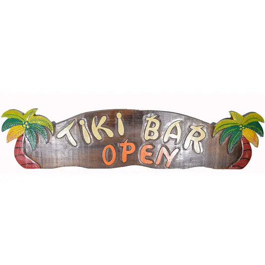 Decorative sign with 'Tiki Bar Open' text and palm tree designs on a white background