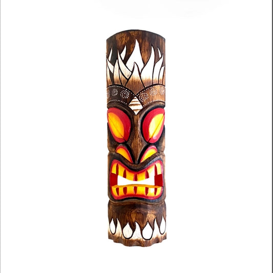 Wooden tiki mask with red and yellow eyes on a white background