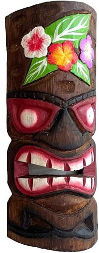 Tiki mask with floral decorations on a white background