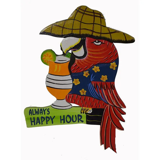 Colorful parrot with a straw and drink, wearing a hat, on a white background.
