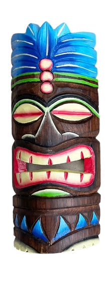 Three colorful tiki masks with vibrant designs on a white background