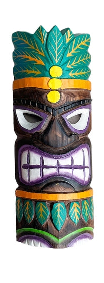 Colorful tiki mask with leaf design on a white background