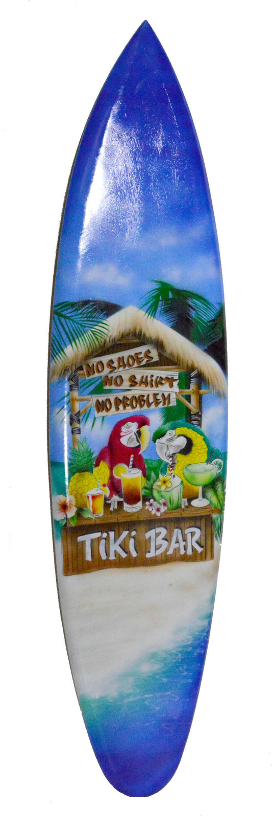 Surfboard with a tiki bar design on a white background