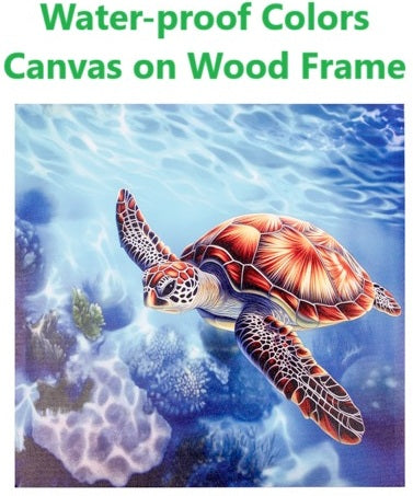 Canvas print of a turtle underwater with 'Waterproof Colors Canvas on Wood Frame' text.