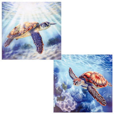 Two images of turtles swimming in water with a blue and green color scheme.