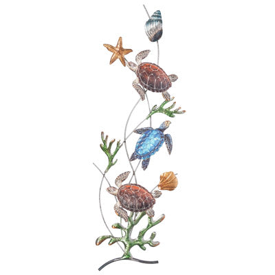 Decorative metal sculpture of turtles and seashells on a white background