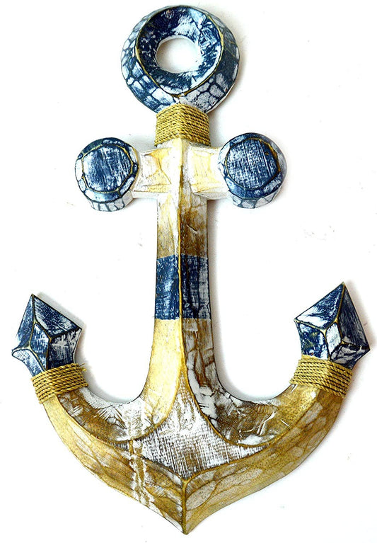 Decorative anchor with blue and white design on a white background