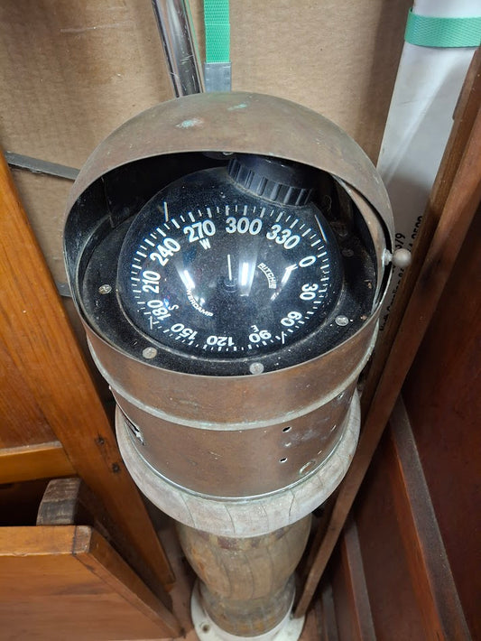 Vintage-style compass on a wooden background