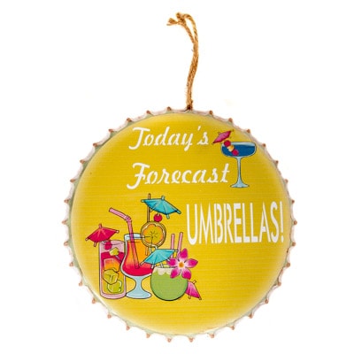 Decorative bottle cap with colorful drink illustrations and text on a white background